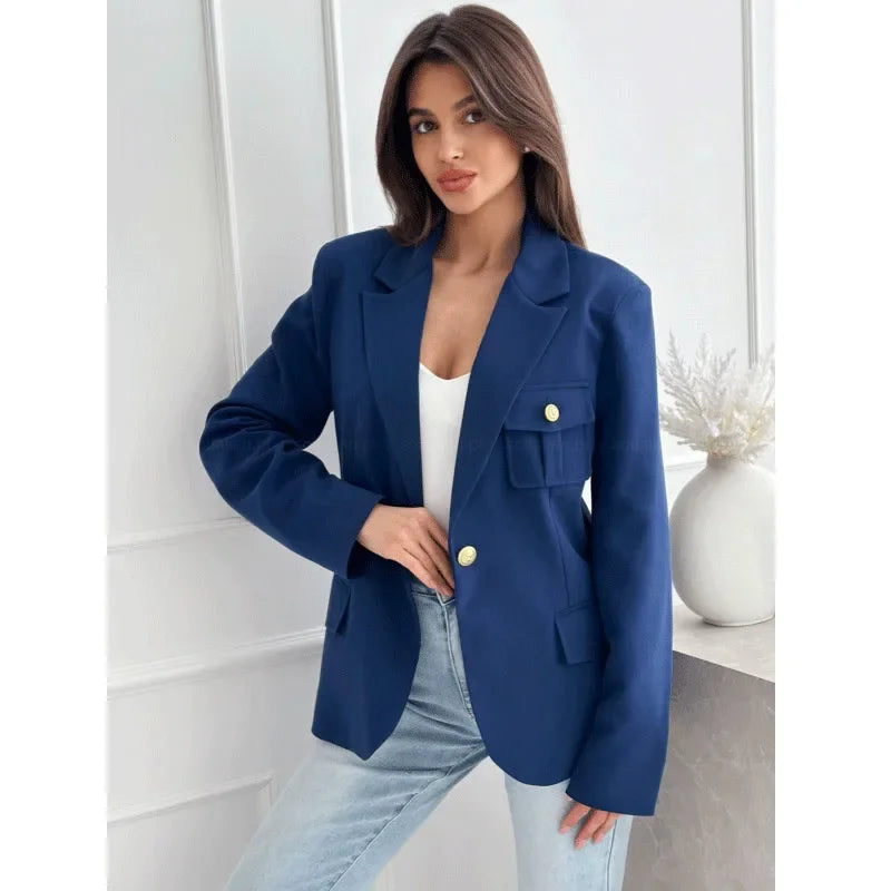 Dames Effen Blazer Met Lange Mouwen En Gouden Knopen