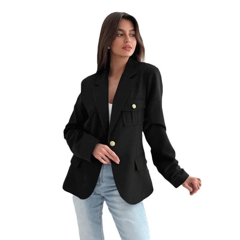 Dames Effen Blazer Met Lange Mouwen En Gouden Knopen