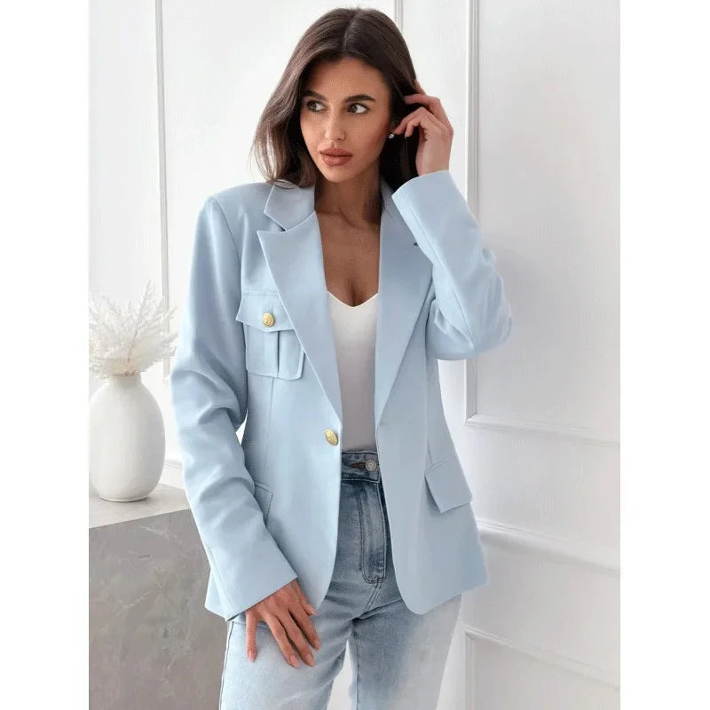 Dames Effen Blazer Met Lange Mouwen En Gouden Knopen