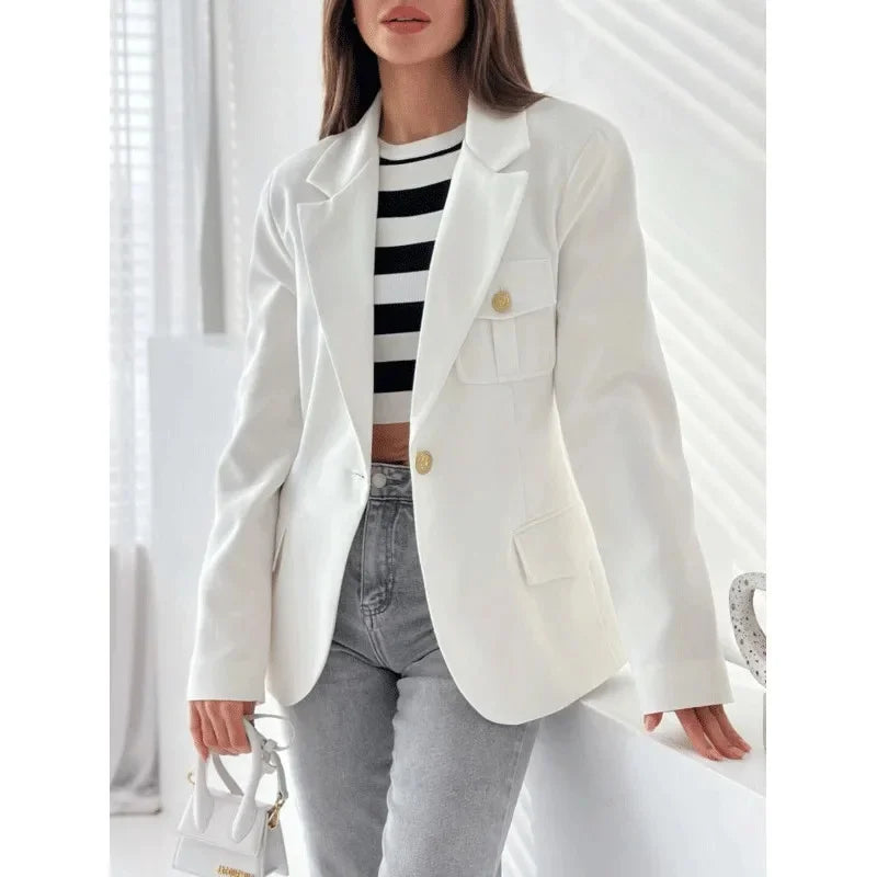 Dames Effen Blazer Met Lange Mouwen En Gouden Knopen