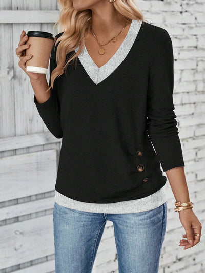 Dames Effen Kleur V-Hals Blouse Met Lange Mouwen En Knoopdetails