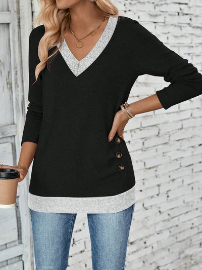 Dames Effen Kleur V-Hals Blouse Met Lange Mouwen En Knoopdetails