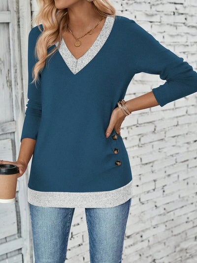 Dames Effen Kleur V-Hals Blouse Met Lange Mouwen En Knoopdetails