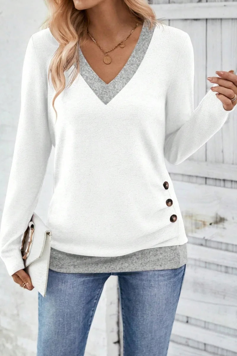 Dames Effen Kleur V-Hals Blouse Met Lange Mouwen En Knoopdetails