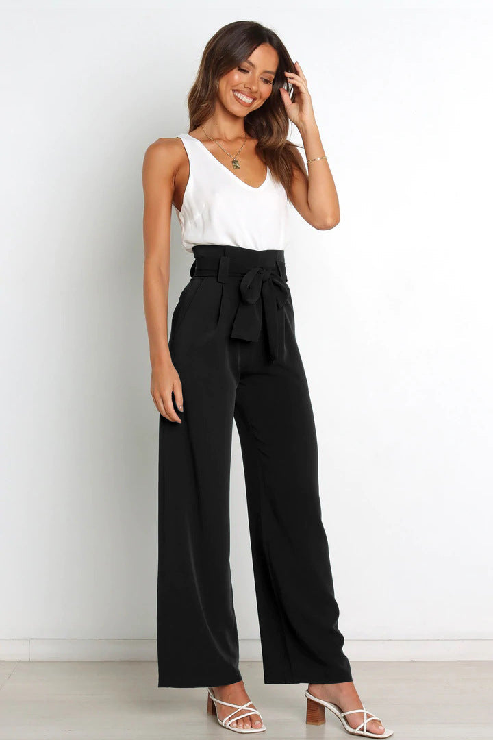 Dames Elegante Hoge Taille Broek Met Wijde Pijpen En Strikceintuur