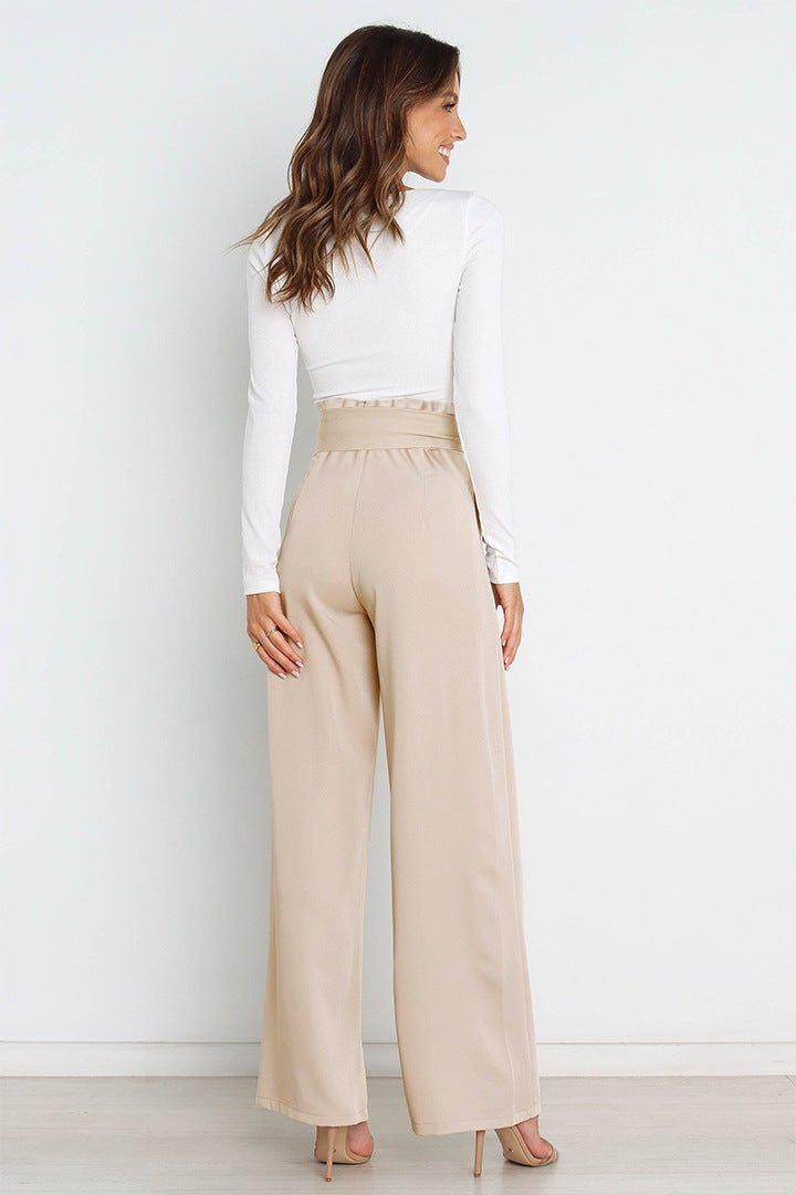 Dames Elegante Hoge Taille Broek Met Wijde Pijpen En Strikceintuur