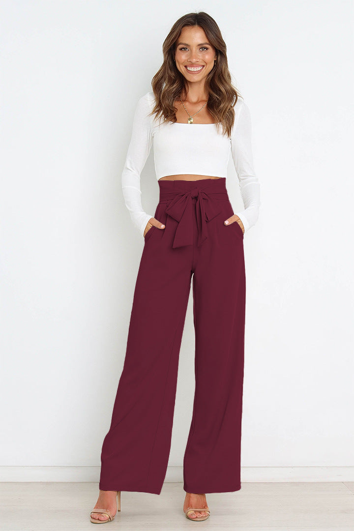 Dames Elegante Hoge Taille Broek Met Wijde Pijpen En Strikceintuur