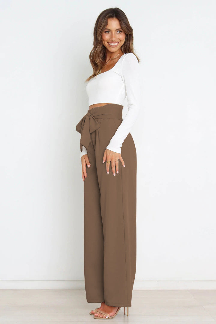 Dames Elegante Hoge Taille Broek Met Wijde Pijpen En Strikceintuur