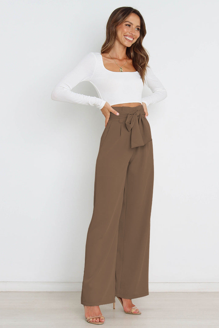 Dames Elegante Hoge Taille Broek Met Wijde Pijpen En Strikceintuur