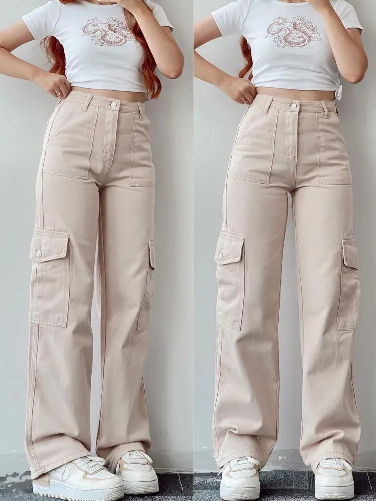 Dames Stijlvolle Cargo Broek Met Hoge Taille En Rechte Pijpen