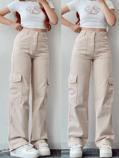 Dames Stijlvolle Cargo Broek Met Hoge Taille En Rechte Pijpen