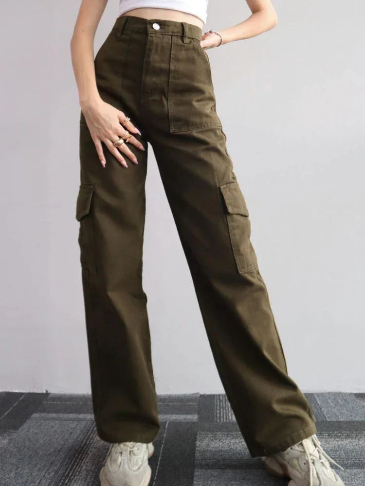 Dames Stijlvolle Cargo Broek Met Hoge Taille En Rechte Pijpen
