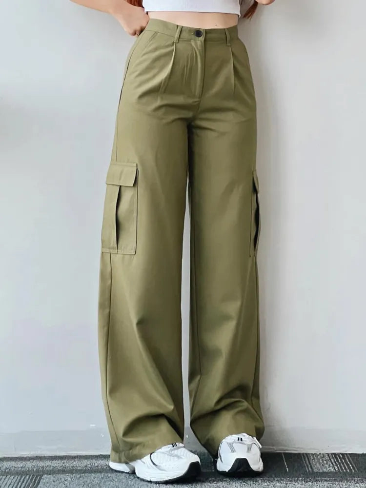 Dames Stijlvolle Cargo Broek Met Hoge Taille En Rechte Pijpen