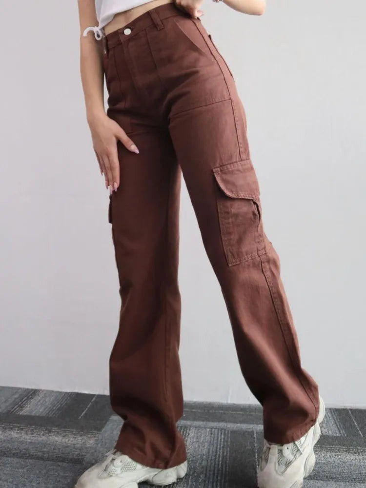 Dames Stijlvolle Cargo Broek Met Hoge Taille En Rechte Pijpen