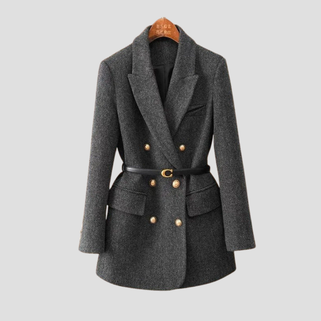 Dames Tweed Blazer Met Dubbele Rij Knoopsluiting En Tailleceintuur