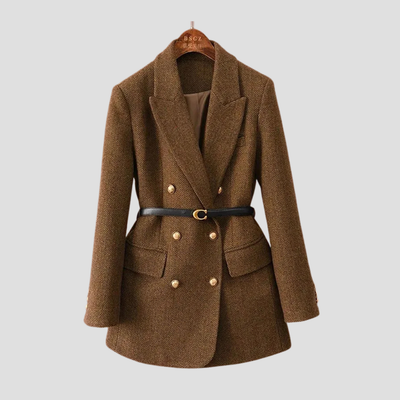 Dames Tweed Blazer Met Dubbele Rij Knoopsluiting En Tailleceintuur