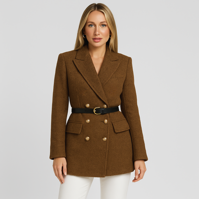 Dames Tweed Blazer Met Dubbele Rij Knoopsluiting En Tailleceintuur