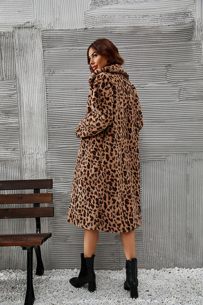 Dames Lange Imitatiebont Jas Met Luipaardprint En Luxe Afwerking