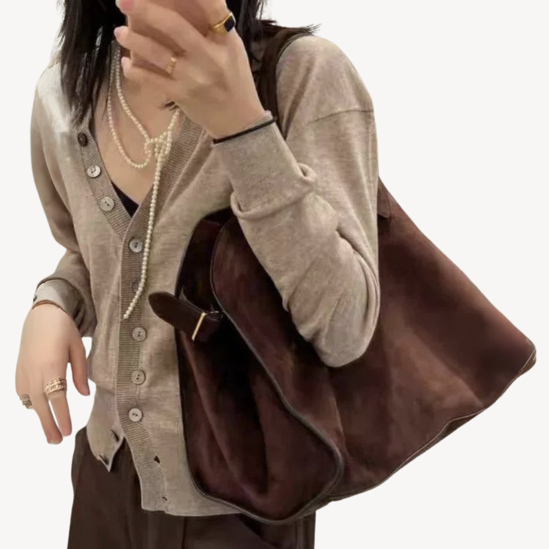 Dames Bruine Suède Handtas Met Luxe Afwerking