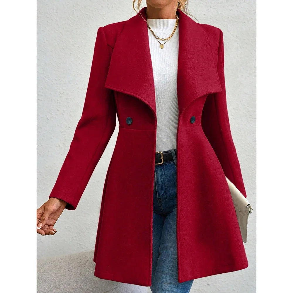 Dames Effen Kleur Lange Winterjas Met Revers En Knoopsluiting