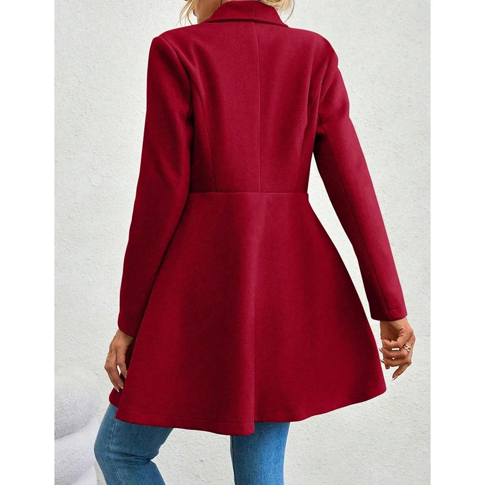 Dames Effen Kleur Lange Winterjas Met Revers En Knoopsluiting