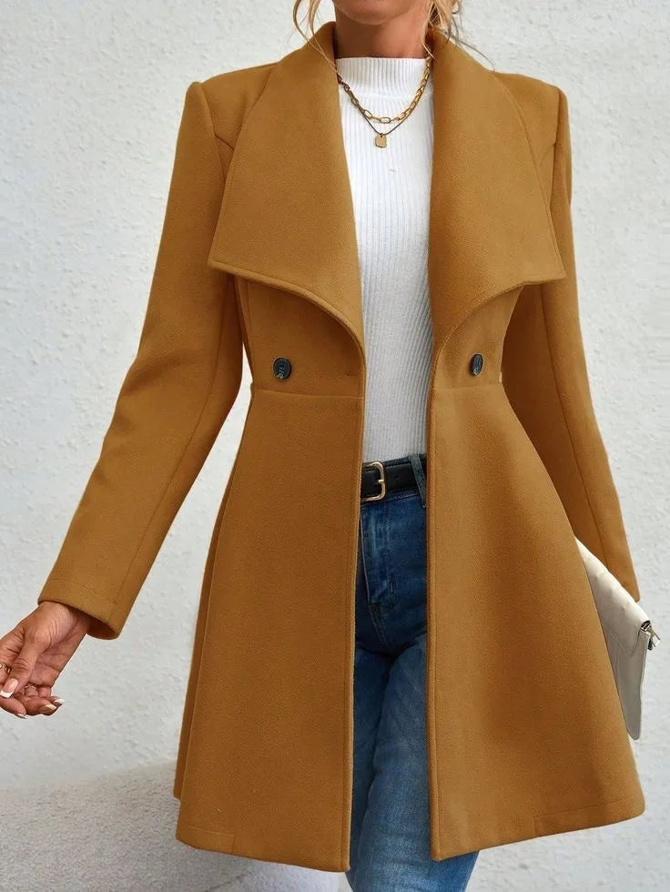 Dames Effen Kleur Lange Winterjas Met Revers En Knoopsluiting