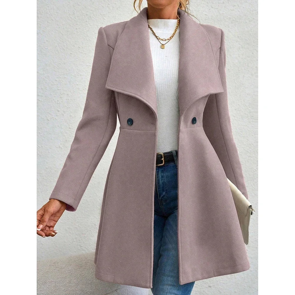 Dames Effen Kleur Lange Winterjas Met Revers En Knoopsluiting