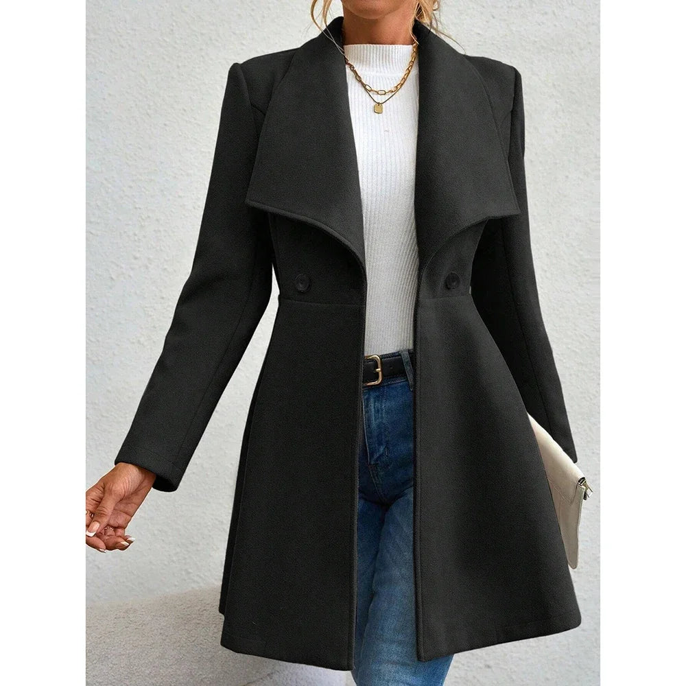 Dames Effen Kleur Lange Winterjas Met Revers En Knoopsluiting