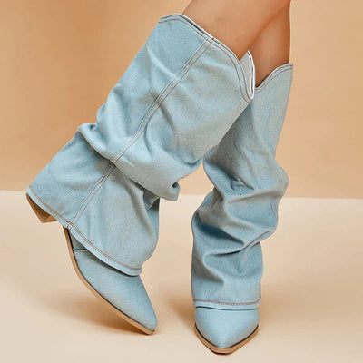 Dames Denim Kniehoge Laarzen Met Puntneus En Lage Hak