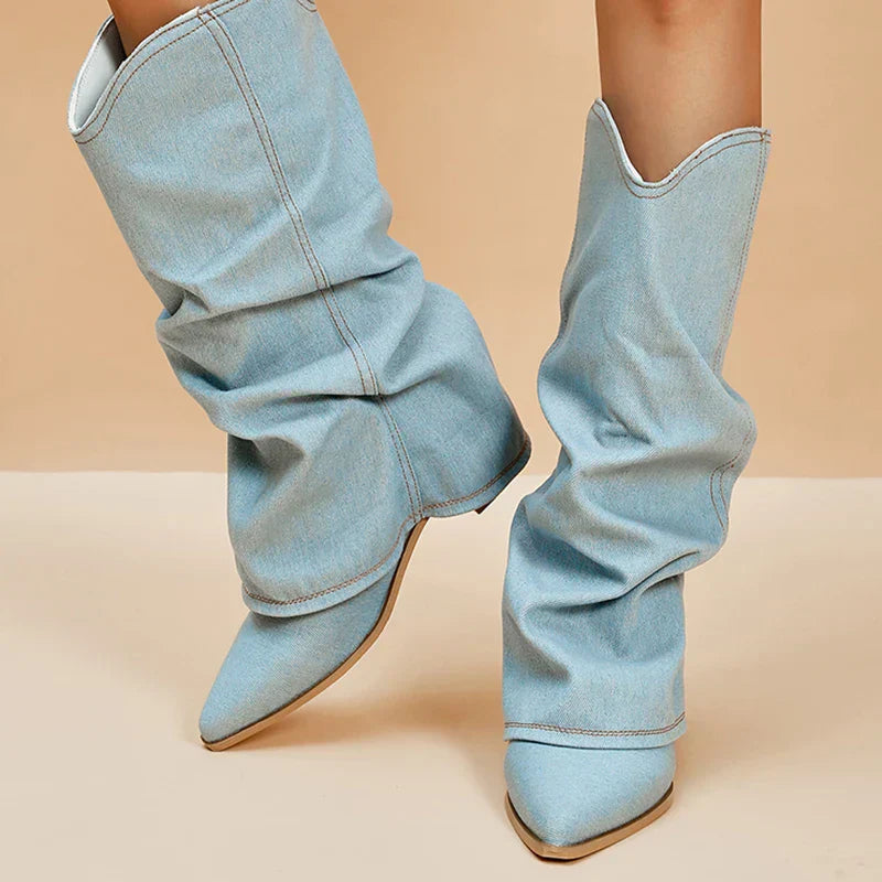 Dames Denim Kniehoge Laarzen Met Puntneus En Lage Hak