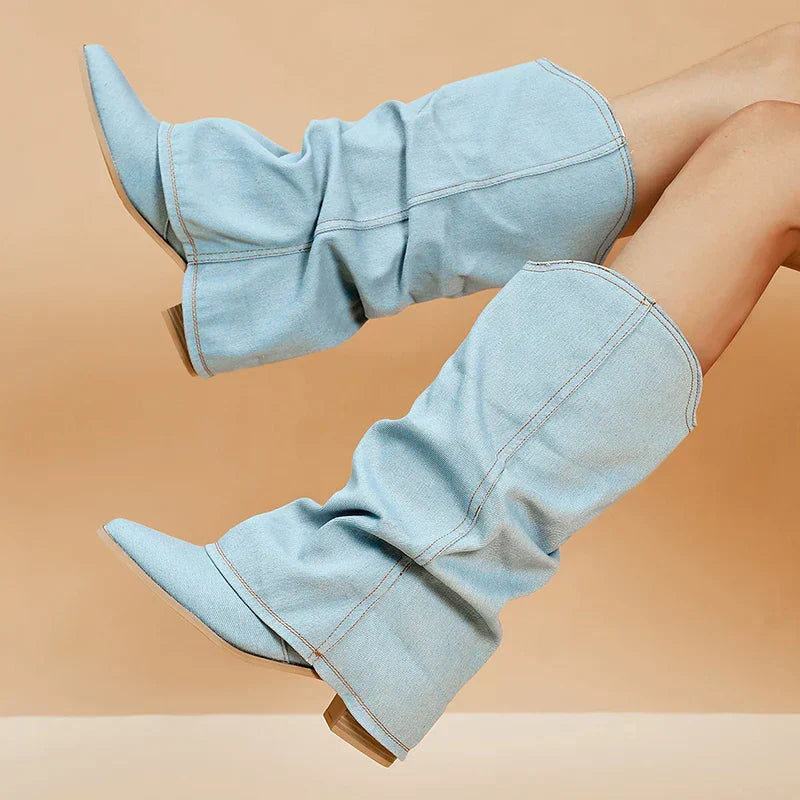 Dames Denim Kniehoge Laarzen Met Puntneus En Lage Hak