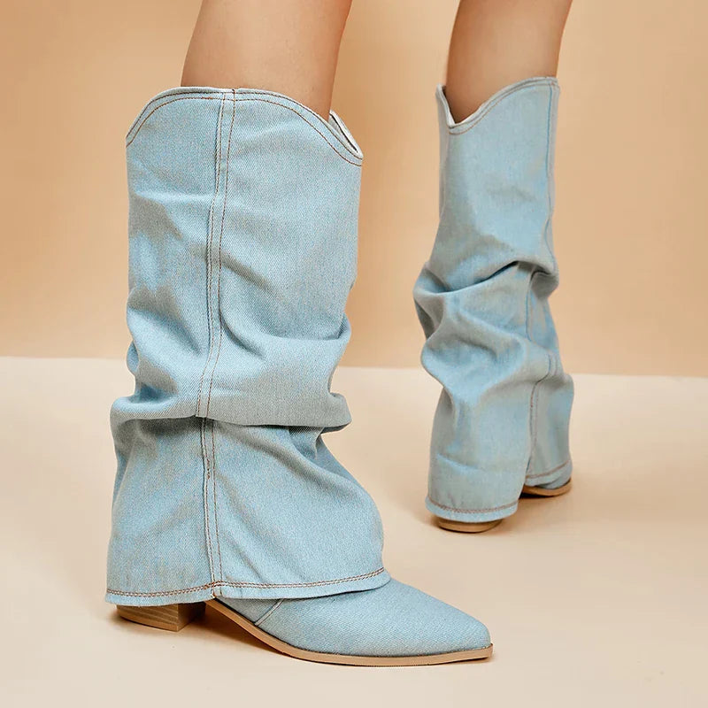 Dames Denim Kniehoge Laarzen Met Puntneus En Lage Hak