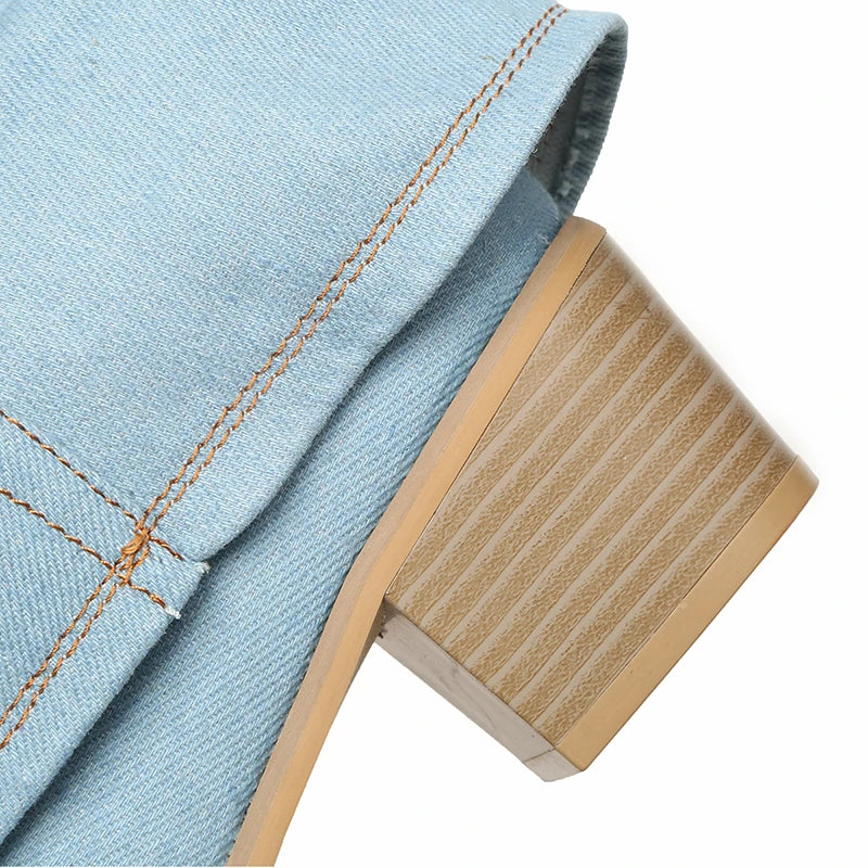 Dames Denim Kniehoge Laarzen Met Puntneus En Lage Hak