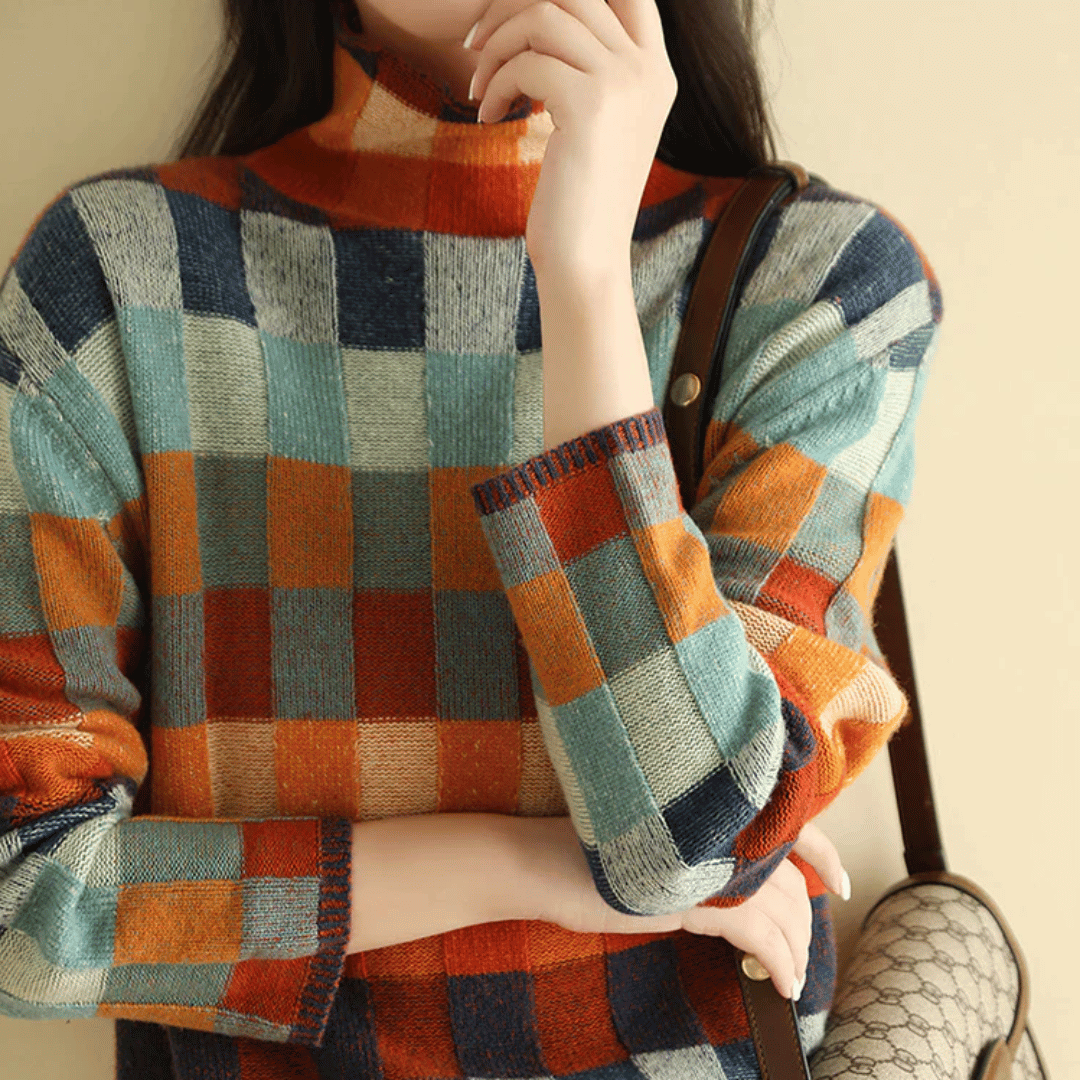 Dames Comfortabele Gebreide Coltrui Met Geruit Cashmere Design