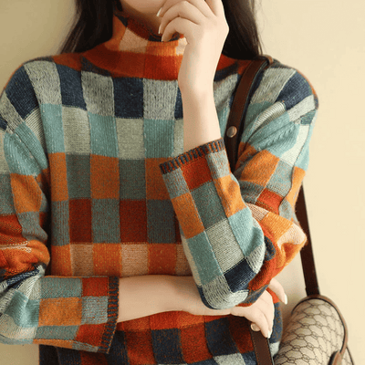 Dames Comfortabele Gebreide Coltrui Met Geruit Cashmere Design