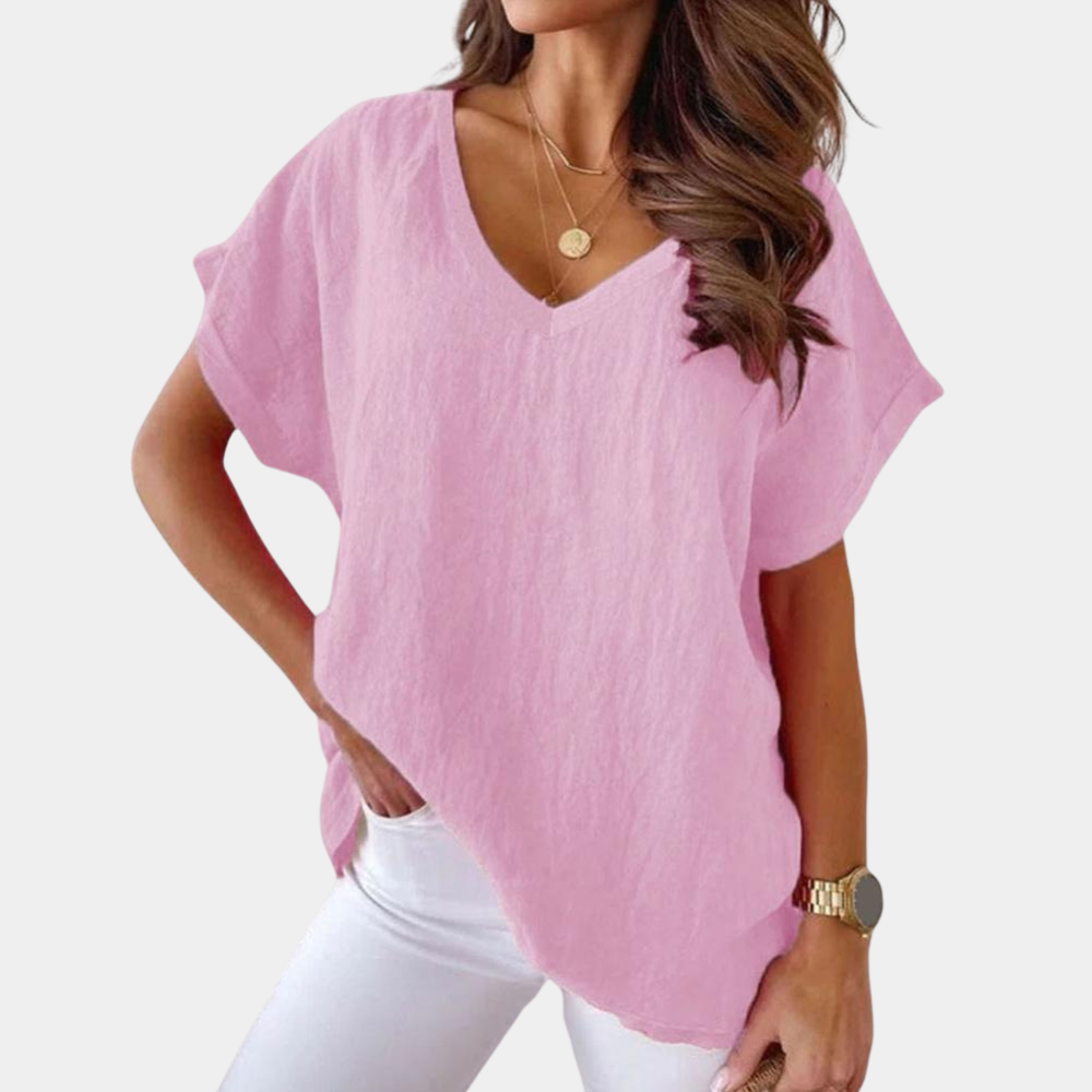 Dames Casual T-Shirt Met V-Hals En Korte Mouwen