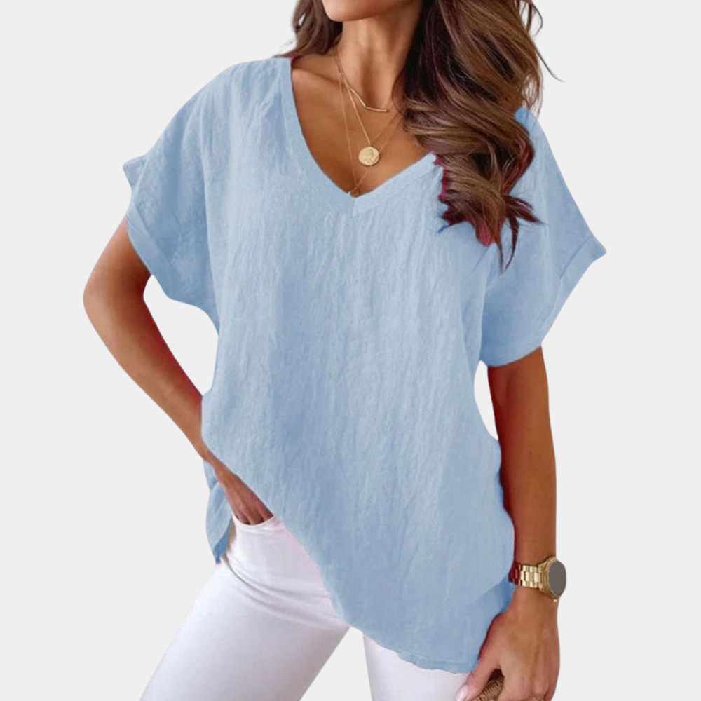 Dames Casual T-Shirt Met V-Hals En Korte Mouwen