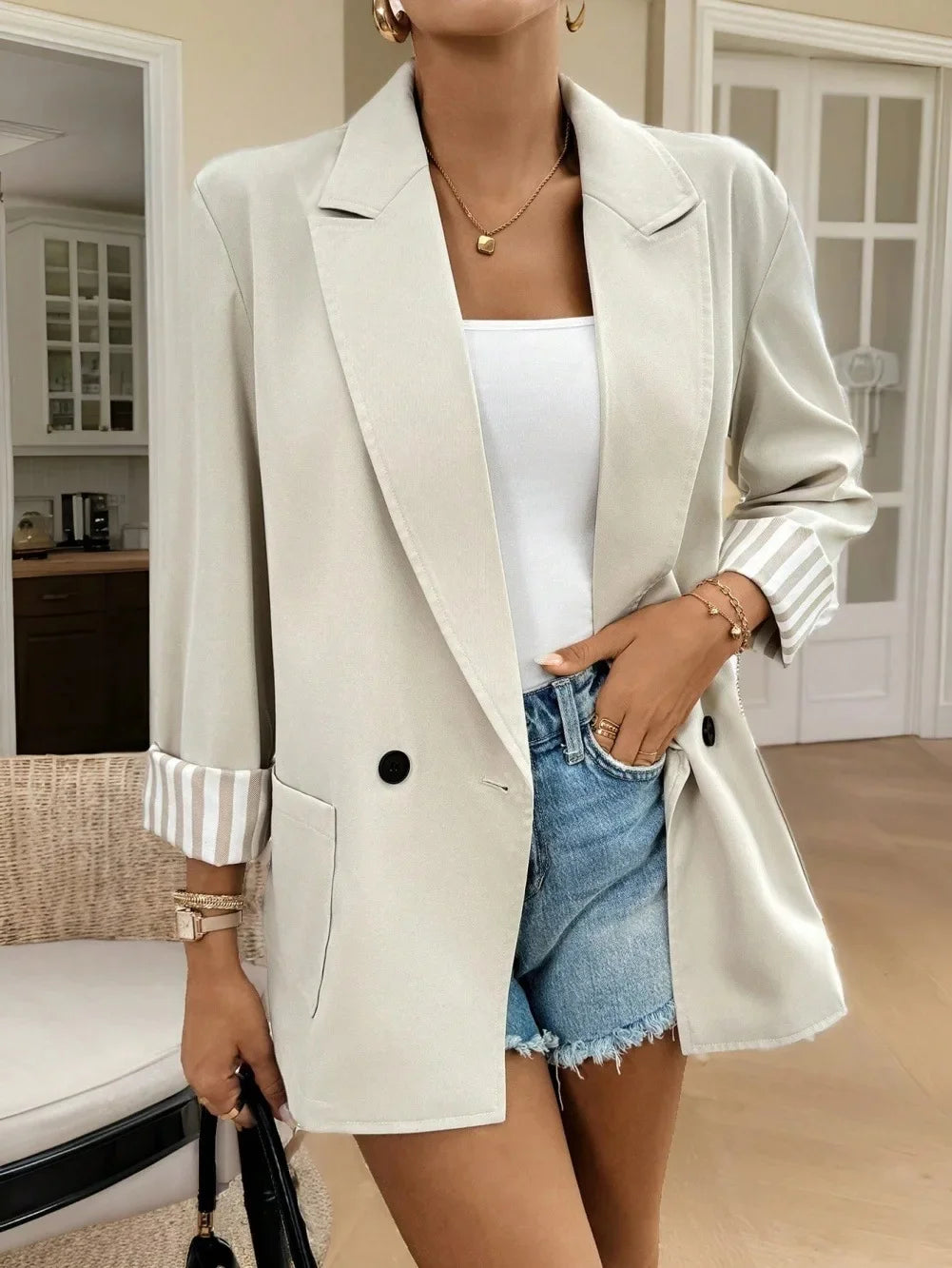 Dames Effen Blazer Met Reverskraag En Dubbele Knoopsluiting