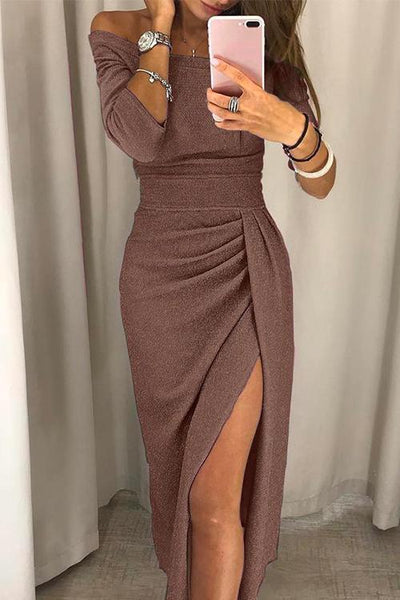 Dames Off Shoulder Jurk Met Split En Glanzende Stoffenlook