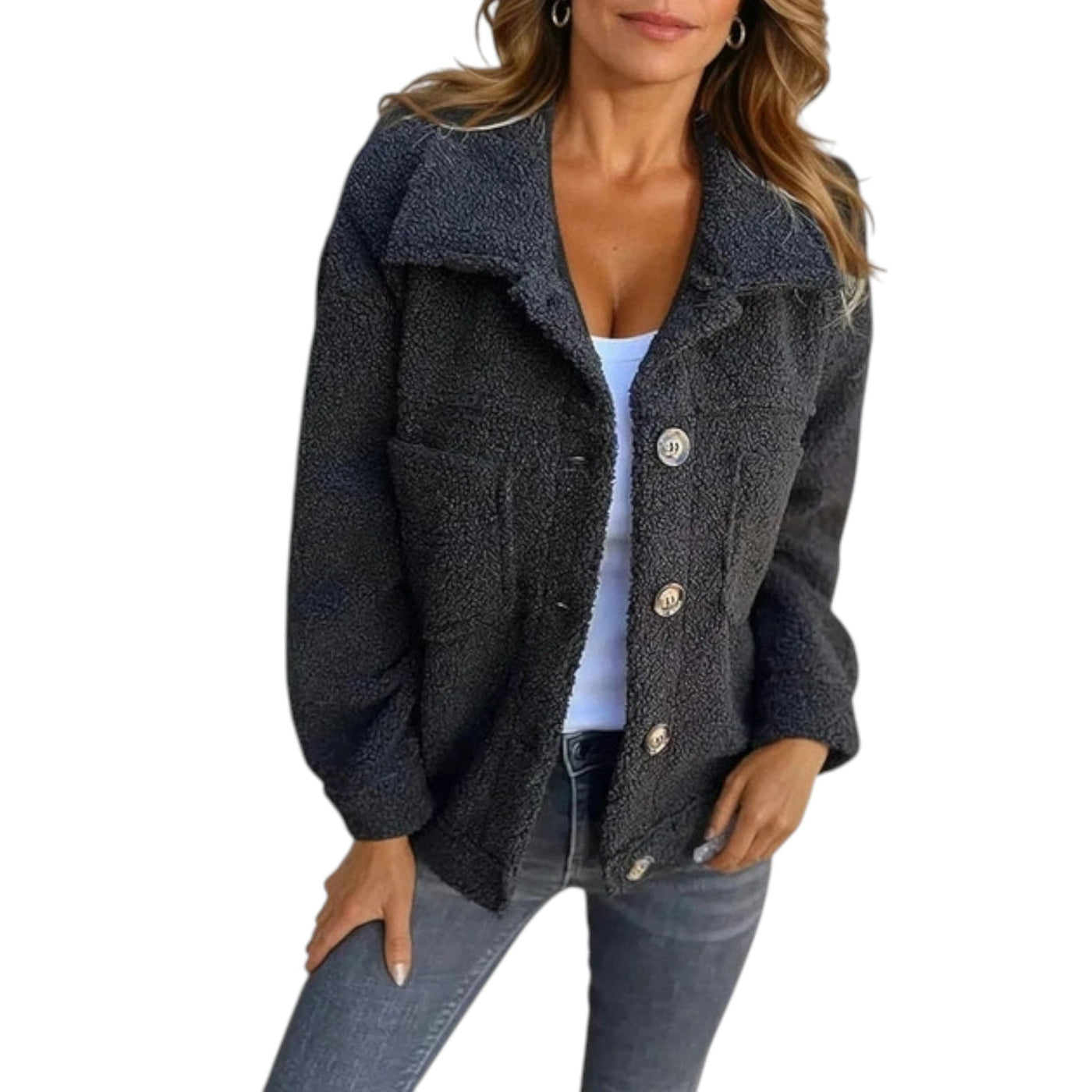 Dames Sherpa Jas Met Knopen En Borstzakken Voor Herfst