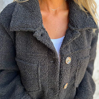 Dames Sherpa Jas Met Knopen En Borstzakken Voor Herfst