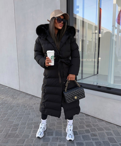 Dames Lange Gewatteerde Winterparka Met Capuchon En Ceintuur