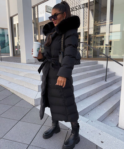 Dames Lange Gewatteerde Winterparka Met Capuchon En Ceintuur