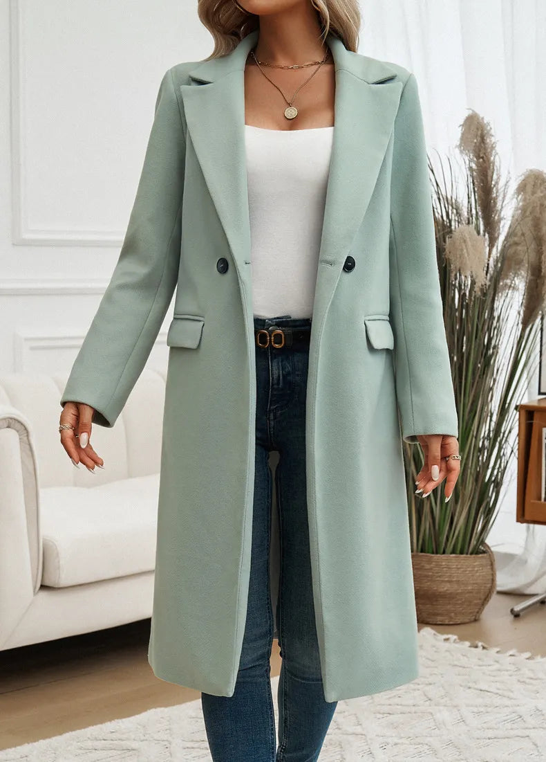 Dames Elegante Lange Trenchcoat Met Reverskraag En Enkelrijige Knopen
