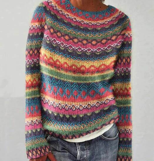 Dames Gebreide Sweater Met Kleurrijk Patroon En Lange Mouwen
