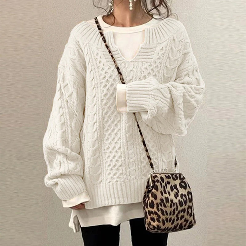 Dames Gebreide Sweater Met Kabelpatroon En Oversized Pasvorm