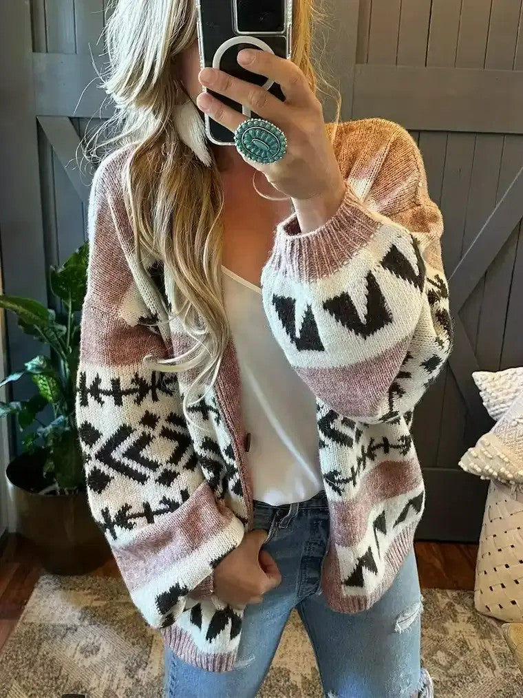 Dames Gebreide Cardigan Met Print En Kleurblokken