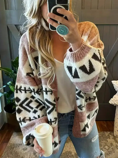 Dames Gebreide Cardigan Met Print En Kleurblokken