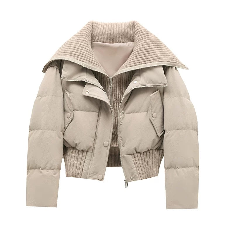 Dames Korte Puffer Winterjas Gewatteerd met Ribgebreide Kraag