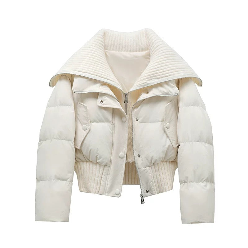 Dames Korte Puffer Winterjas Gewatteerd met Ribgebreide Kraag